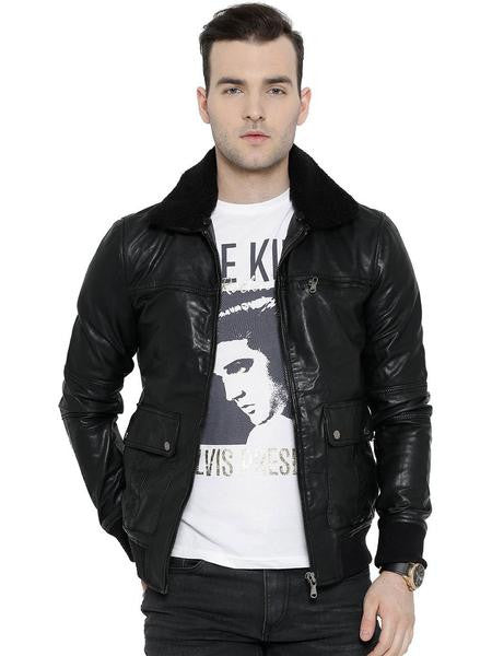 BARESKIN BLACK LEATHER BIKER JACKET WITH DETACHABLE COLLAR PRO