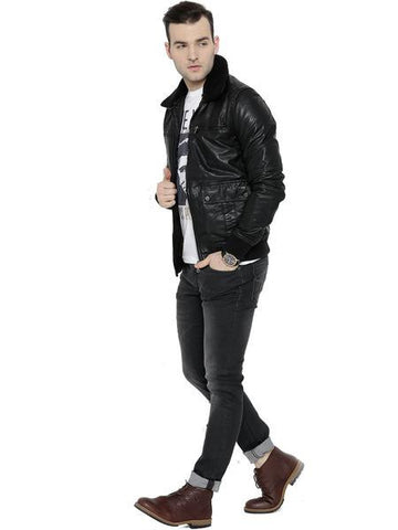 BARESKIN BLACK LEATHER BIKER JACKET WITH DETACHABLE COLLAR PRO