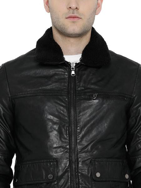 BARESKIN BLACK LEATHER BIKER JACKET WITH DETACHABLE COLLAR PRO